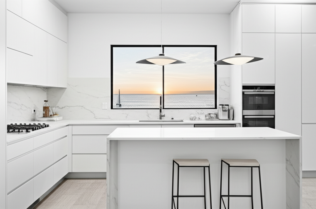 Moderne köök köögisaarega - valge köögimööbel